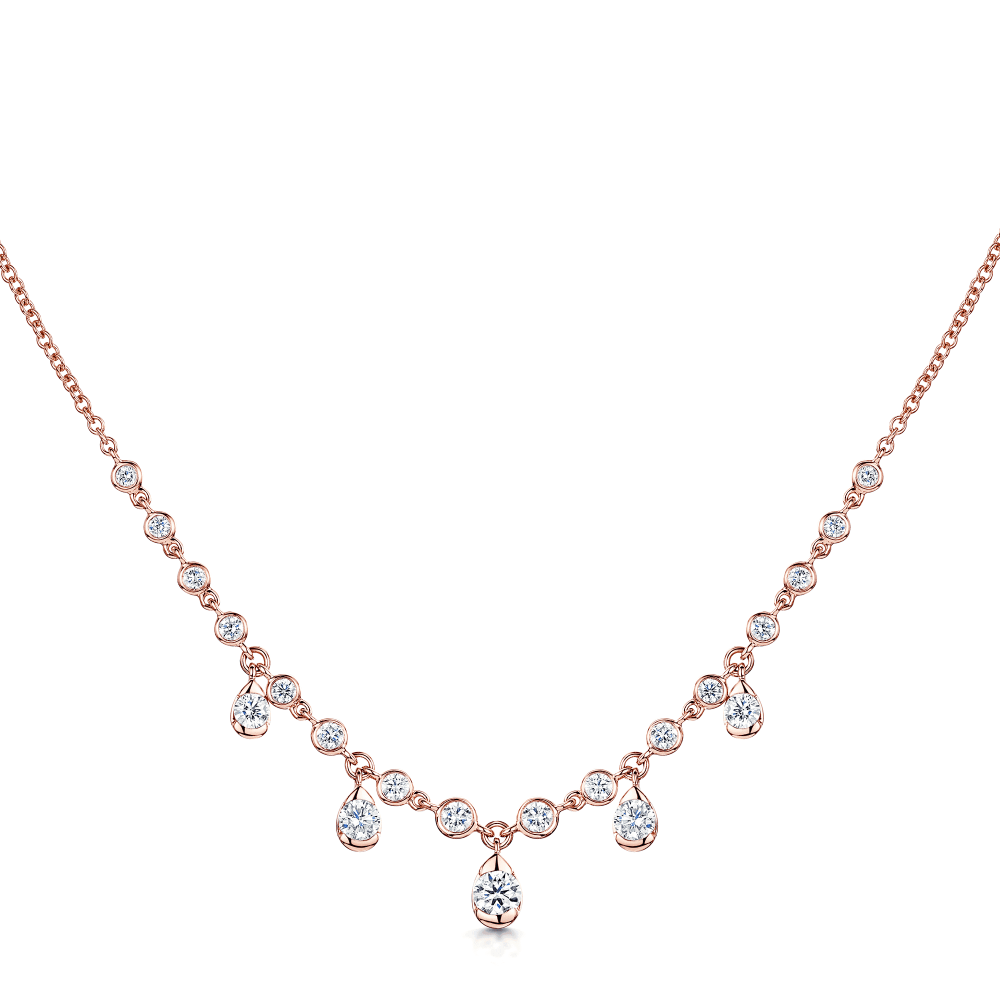 18ct Rose Gold Rub Over Set Diamond Necklet With Five Diamond Drops