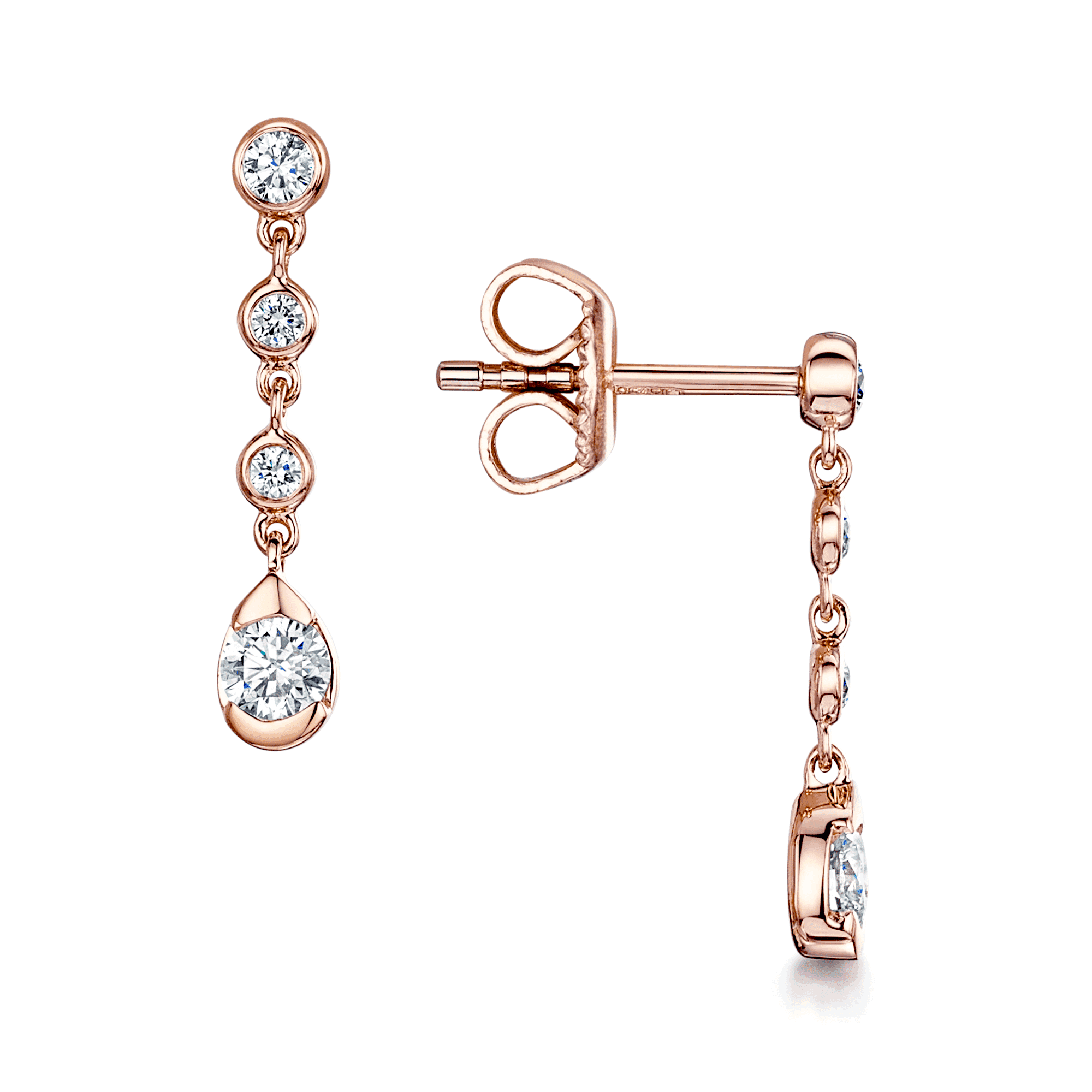 18ct Rose Gold Round Brilliant Cut Diamond Drop Earrings In A Rub Over Setting