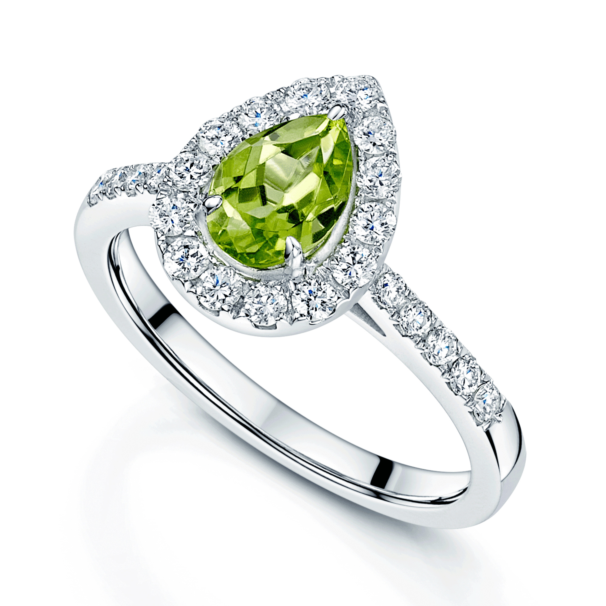 18ct White Gold Peridot & Diamond Pear Shaped Cluster Ring With Diamond Set Shoulders