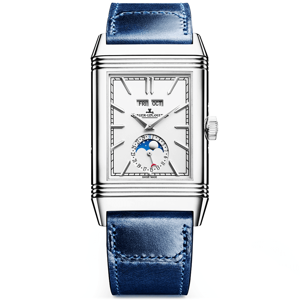Reverso Tribute Duoface Calendar Large Silver Dial Leather Strap Watch