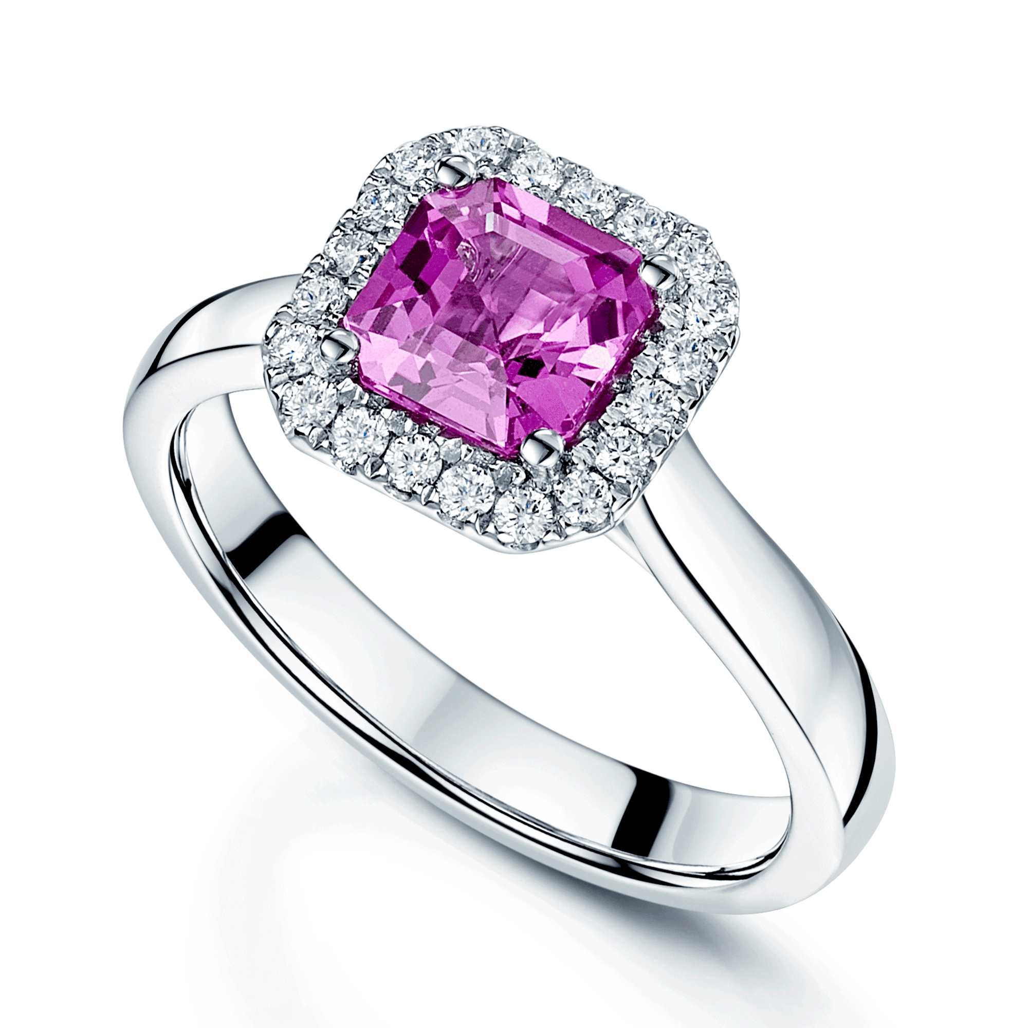 Platinum Square Step Cut Pink Sapphire In A Diamond Halo Setting Ring