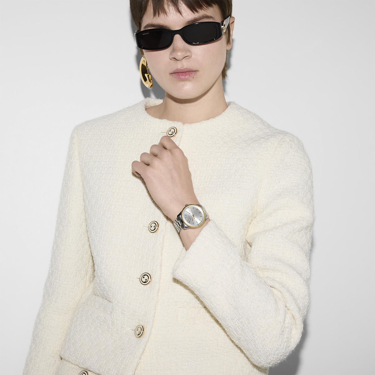 Gucci G-Timeless Quartz 38mm Stainless Steel Silver Dial Gold Plated Bezel Bracelet Watch - Berry's Jewellers