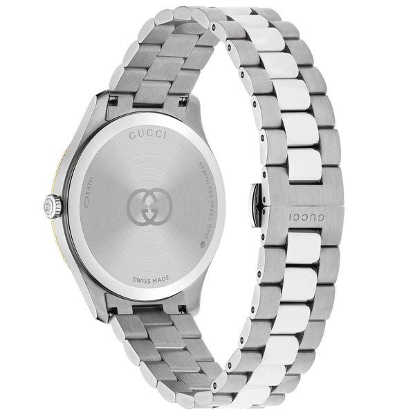 Gucci G-Timeless Quartz 38mm Stainless Steel Silver Dial Gold Plated Bezel Bracelet Watch - Berry's Jewellers