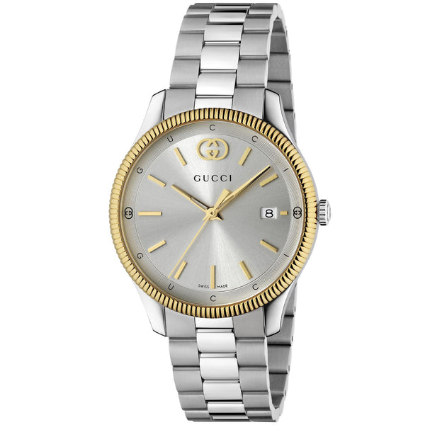 Gucci G-Timeless Quartz 38mm Stainless Steel Silver Dial Gold Plated Bezel Bracelet Watch - Berry's Jewellers