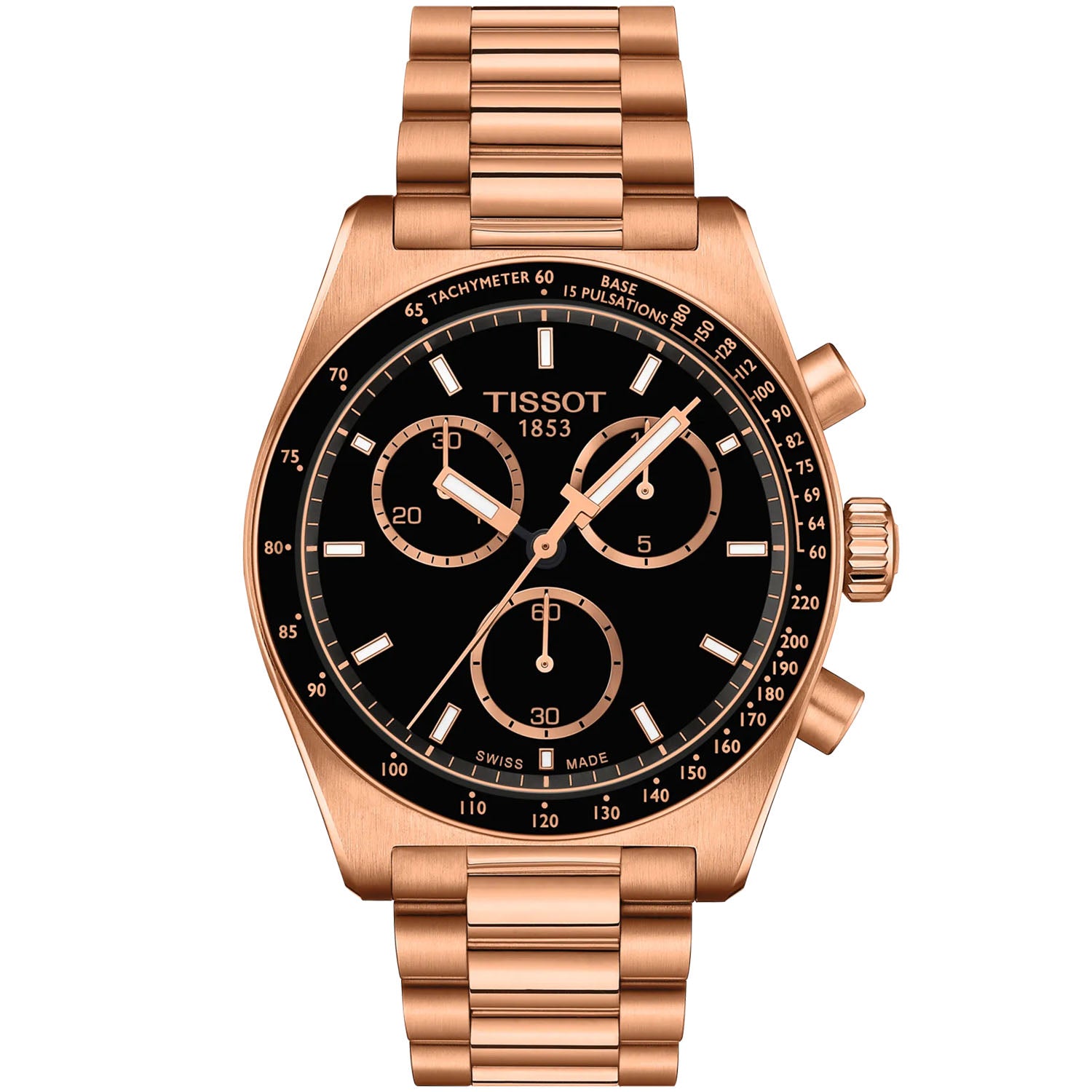 Tissot PR516 40mm Black Dial Mens PVD  Rose Gold Chronograph Watch - Berry's Jewellers