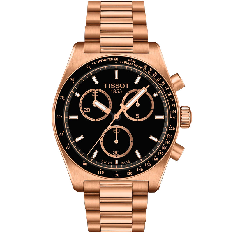 Tissot PR516 40mm Black Dial Mens PVD  Rose Gold Chronograph Watch - Berry's Jewellers