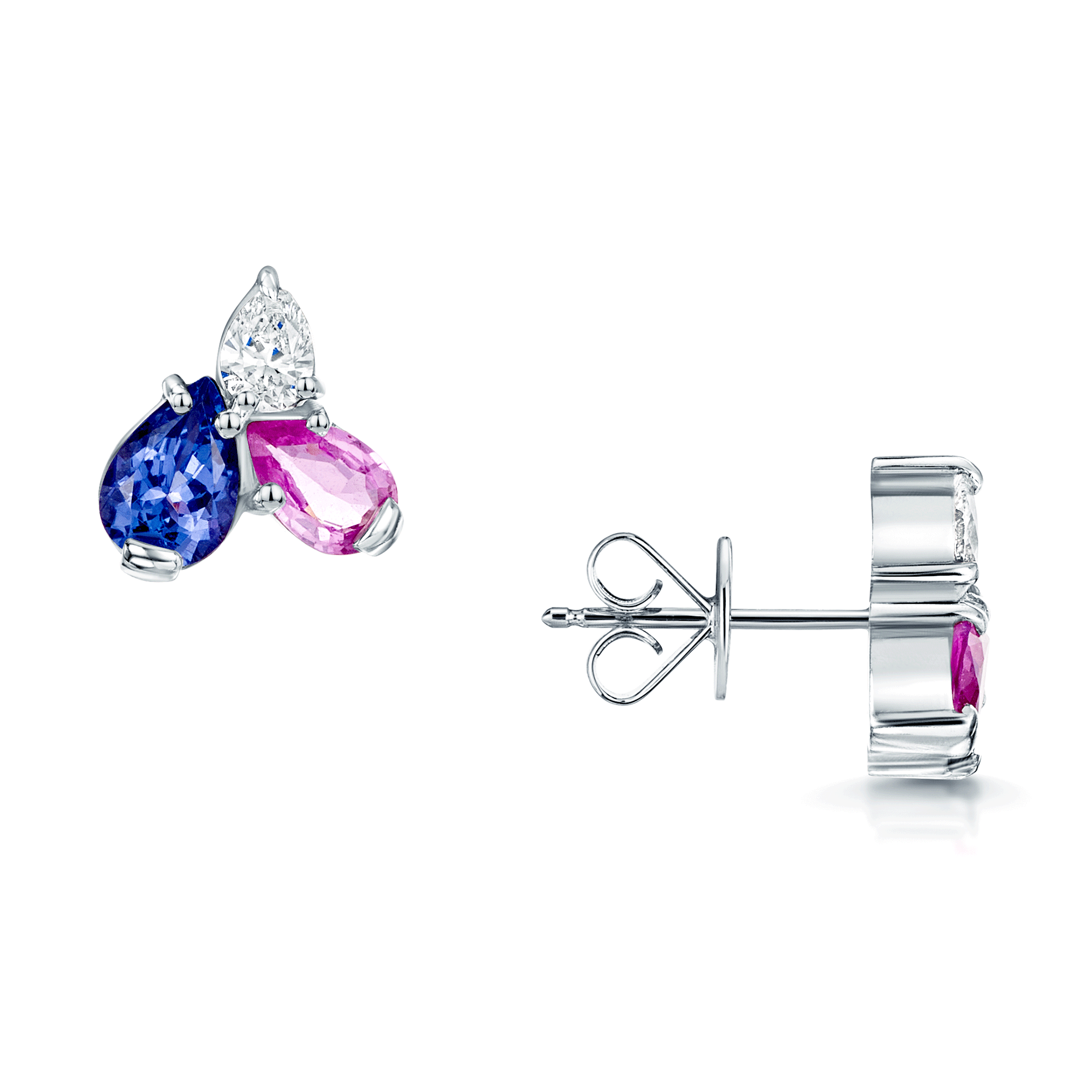 18ct White Gold Pear Cut Diamond, Pink Sapphire And Tanzanite Cluster Earrings