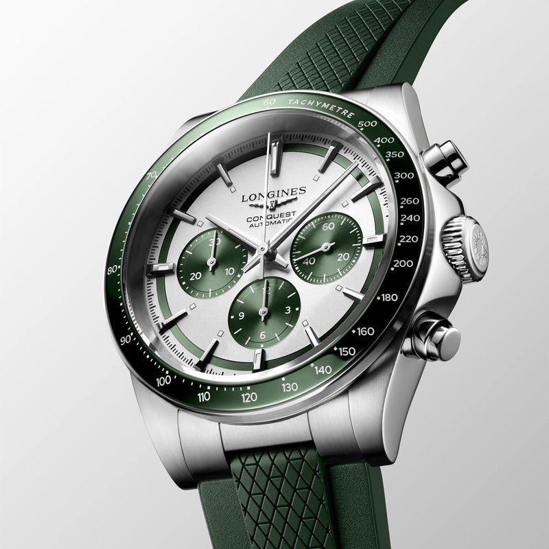 Longines Conquest Chronograph 42mm Silver Dial Automatic Strap Watch - Berry's Jewellers