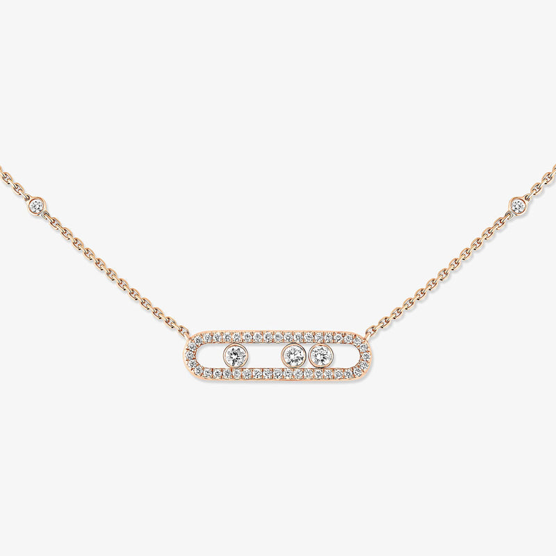 18ct Pink Gold Baby Move Three Diamond And Pave Set Diamond Necklace