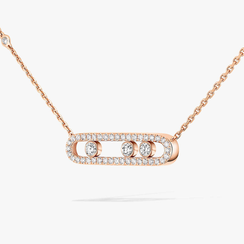18ct Pink Gold Baby Move Three Diamond And Pave Set Diamond Necklace