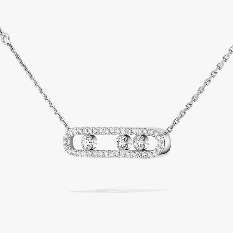18ct White Gold Baby Move Three Diamond And Pave Set Diamond Necklace