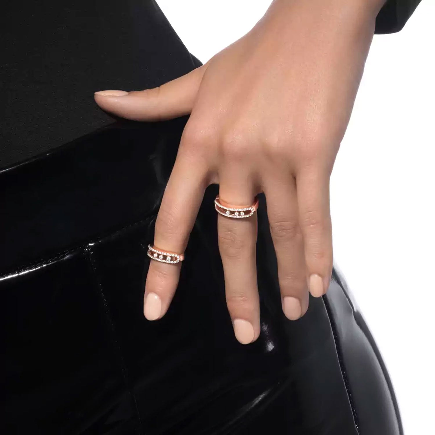 18ct Pink Gold Baby Move Three Moving & Pave Set Diamond Ring