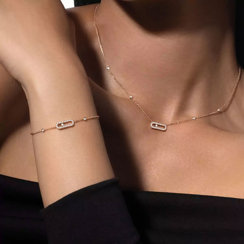 18ct Pink Gold Move Uno Single Diamond And Pave Set Diamond Necklace