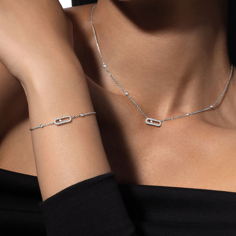18ct White Gold Move Uno Single Diamond And Pave Set Diamond Necklace