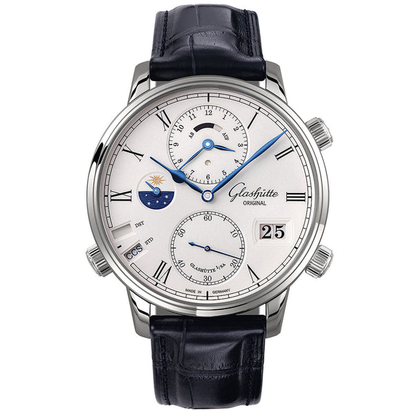 Glashütte Original Senator Cosmopolite 44mm Silver Dial White Gold Men's Automatic Strap Watch - Berry's Jewellers