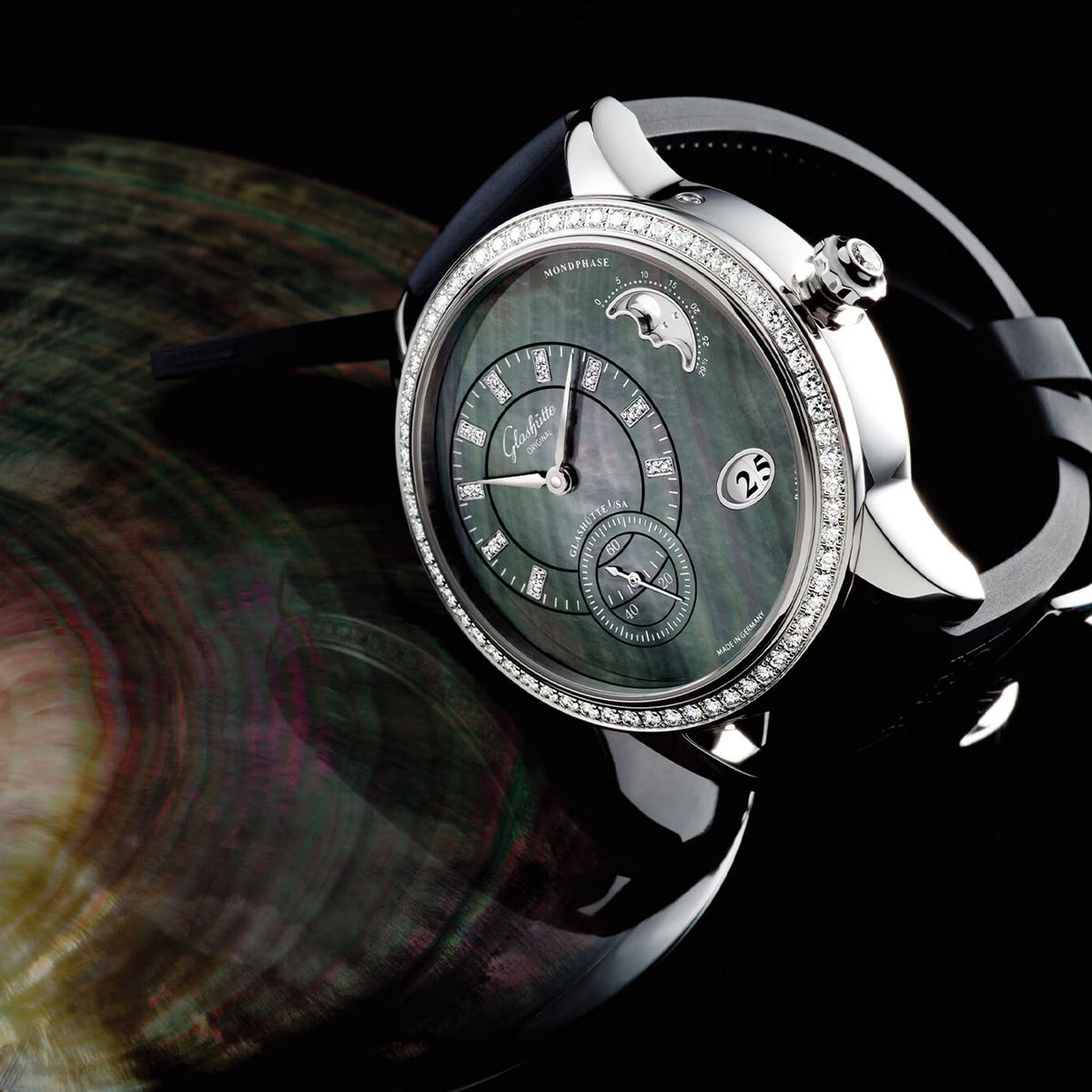 Glashütte Original PanoMatic Luna 39mm Black Tahiti Mother of Pearl Dial Strap Watch - Berry's Jewellers