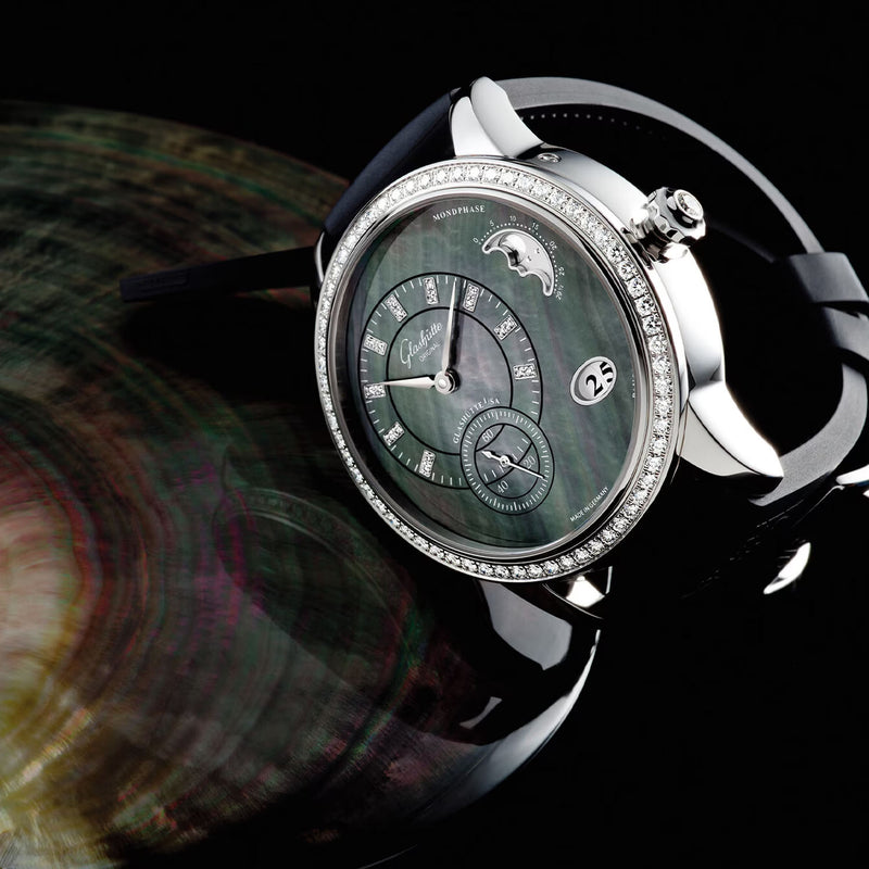Glashütte Original PanoMatic Luna 39mm Black Tahiti Mother of Pearl Dial Strap Watch - Berry's Jewellers