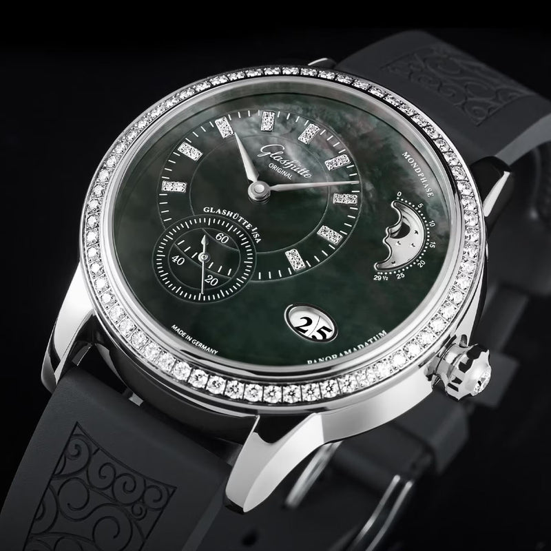 Glashütte Original PanoMatic Luna 39mm Black Tahiti Mother of Pearl Dial Strap Watch - Berry's Jewellers
