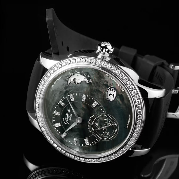Glashütte Original PanoMatic Luna 39mm Black Tahiti Mother of Pearl Dial Strap Watch - Berry's Jewellers
