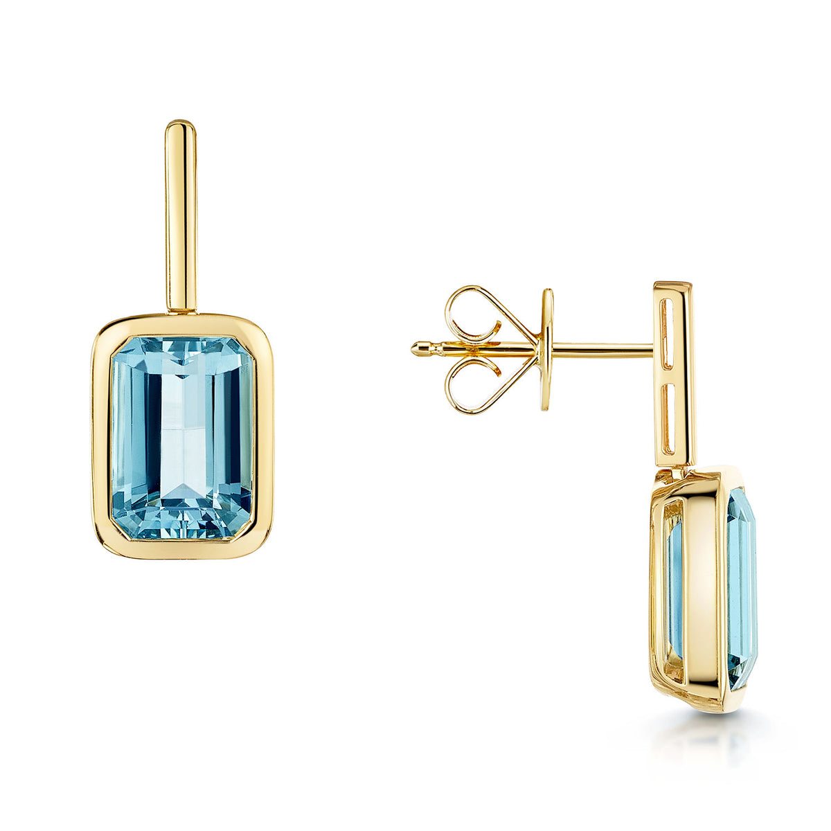 18ct Yellow Gold Octagon Cut Aquamarine Bar Drop Earrings