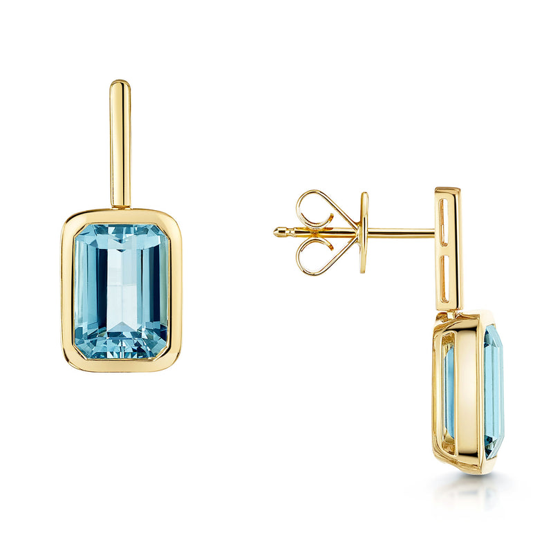 18ct Yellow Gold Octagon Cut Aquamarine Bar Drop Earrings