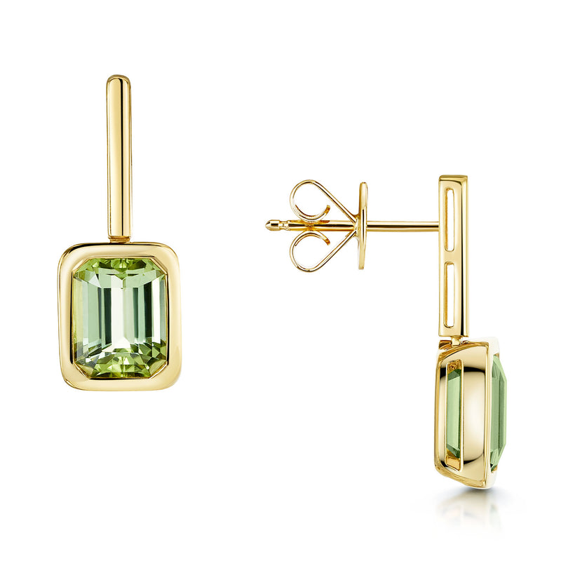 18ct Yellow Gold Octagon Cut Mint Tourmaline Bar Drop Earrings