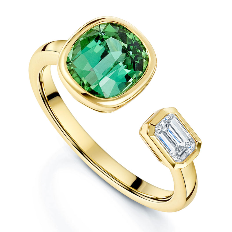 18ct Yellow Gold Toi et Moi Cushion Cut Green Tourmaline and Emerald Cut Diamond Dress Ring