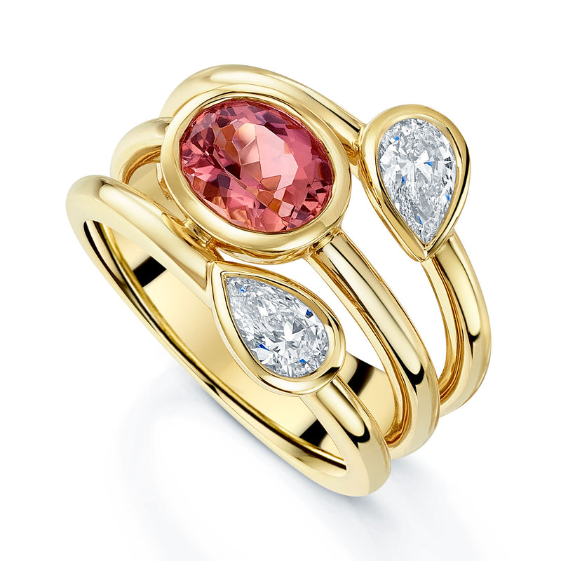 18ct Yellow Gold Imperial Topaz And Diamond  Three Row Ring