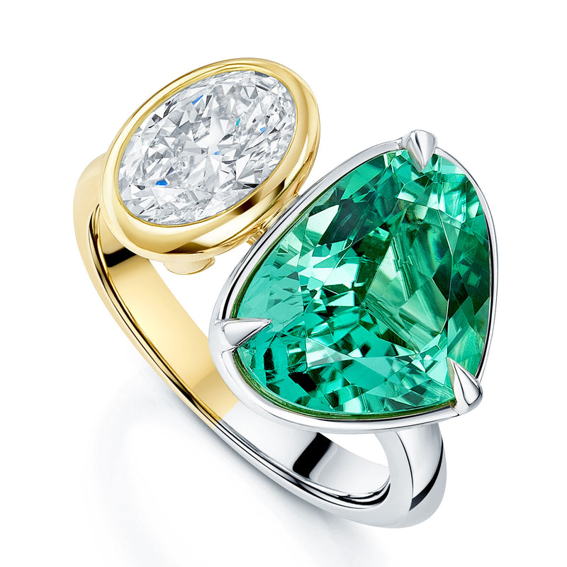 Platinum and 18ct Yellow Gold Trillion Cut Paraiba Tourmaline and Oval Cut Diamond Toi et Moi Dress Ring