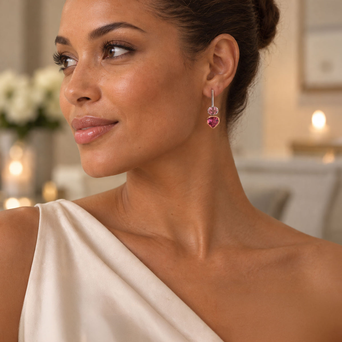 18ct White and Rose Gold Pink Tourmaline Drop Earrings
