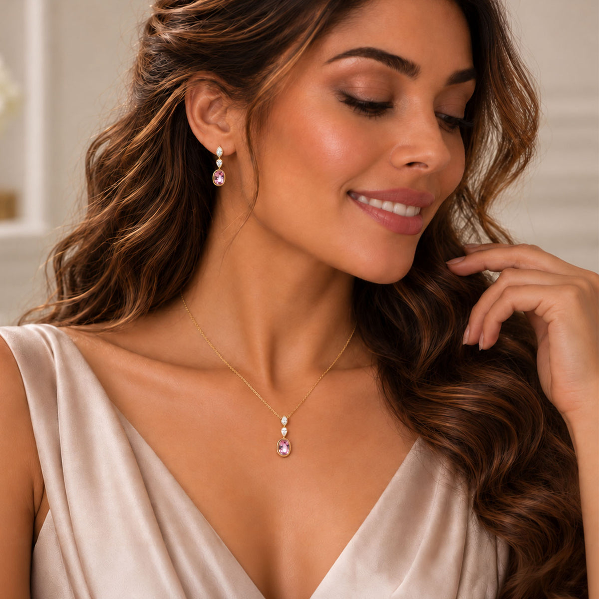 18ct Yellow Gold Pink Tourmaline And Diamond Drop Pendant