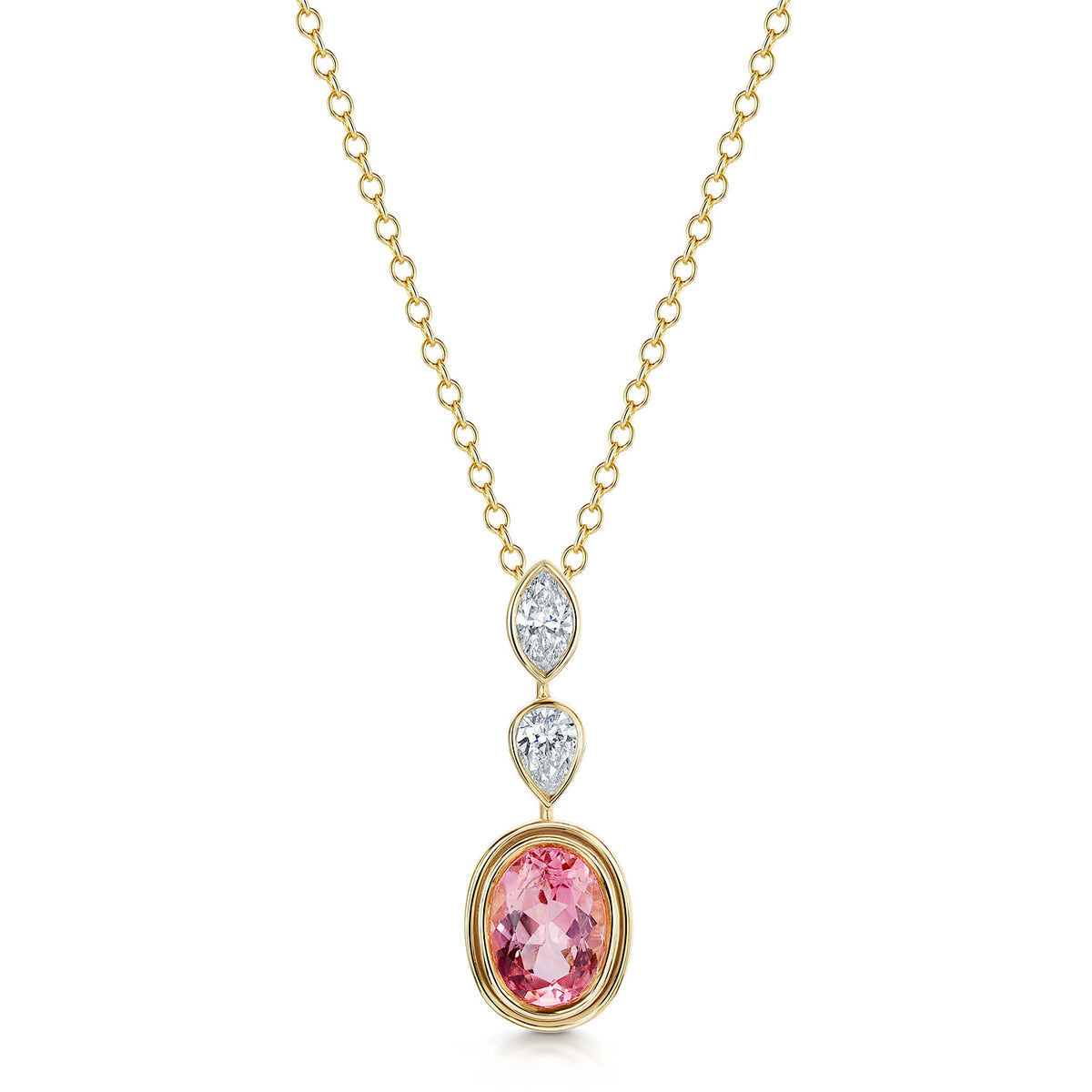 18ct Yellow Gold Pink Tourmaline And Diamond Drop Pendant