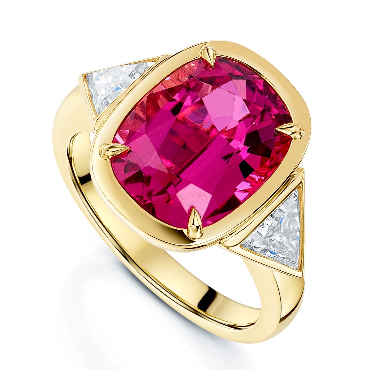 18ct Yellow Gold Rubellite and Diamond Three Stone Ring