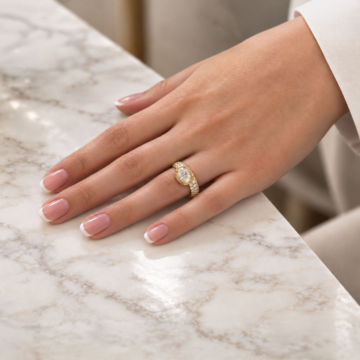 18ct Yellow Gold Oval Cut Diamond Ring With Pave Set Shoulders
