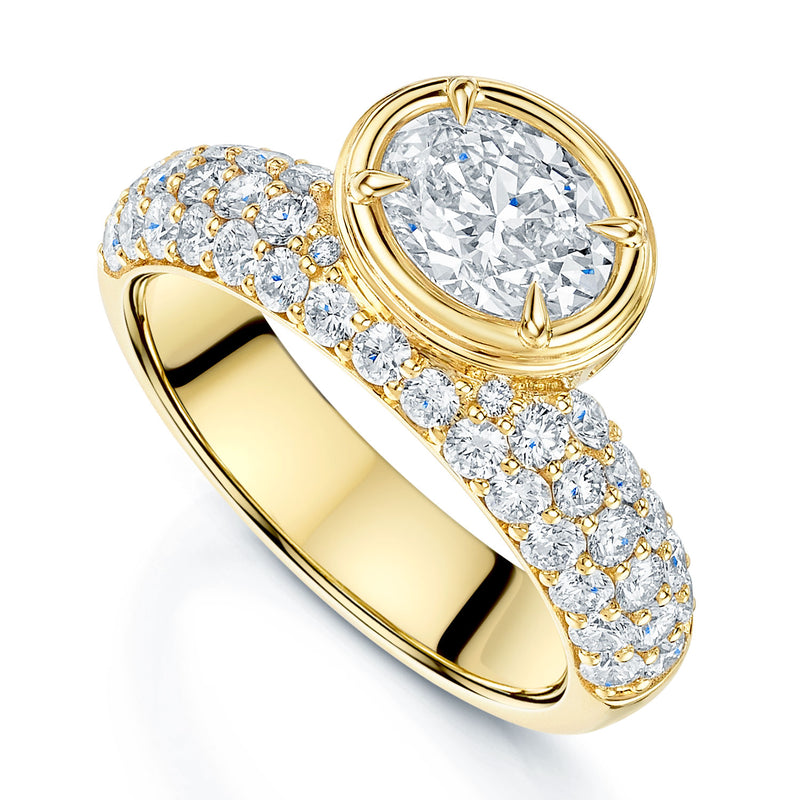 18ct Yellow Gold Oval Cut Diamond Ring With Pave Set Shoulders
