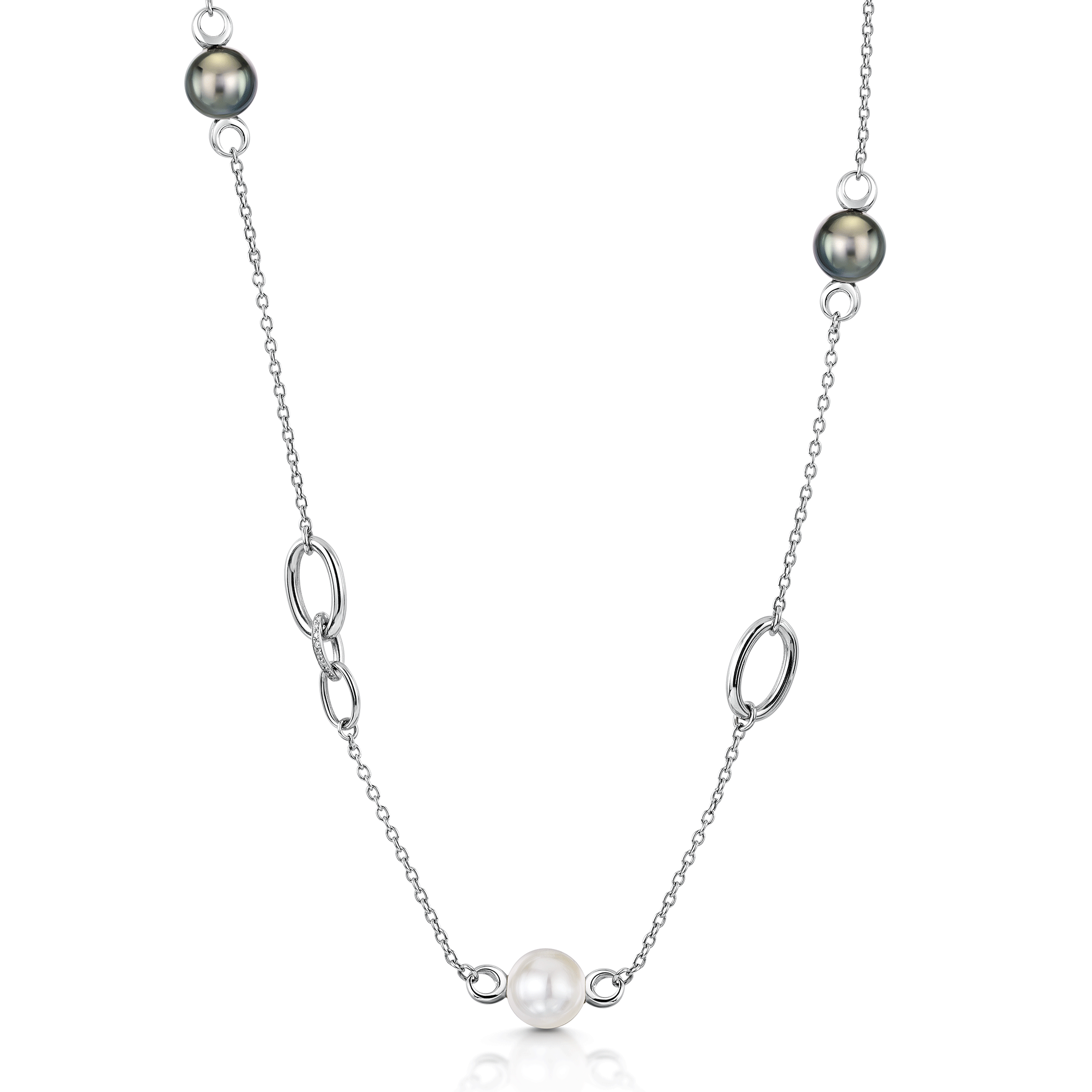 18ct White Gold Southsea and Tahitian Cultured Pearl Necklace with Two Pave Set Links