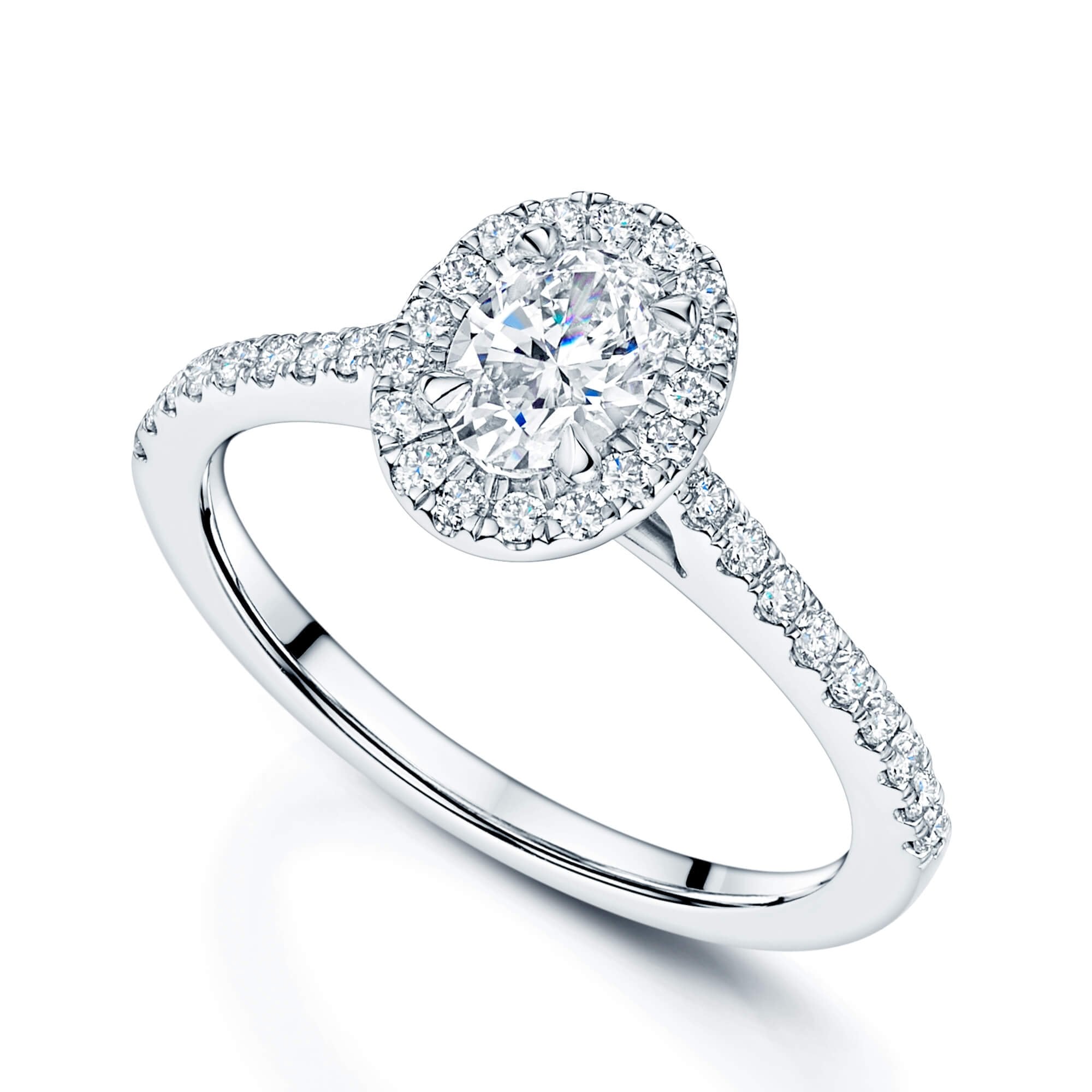 Platinum Oval Cut Diamond Halo Engagement Ring With Round Brilliant Diamond Shoulders