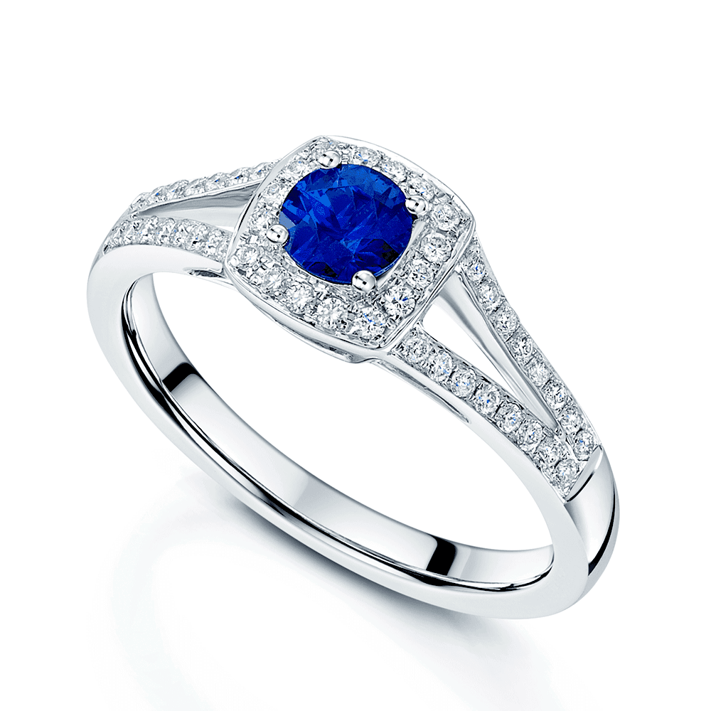 18ct White Gold Round Blue Sapphire Diamond Halo Ring with Split Diamond Shoulders