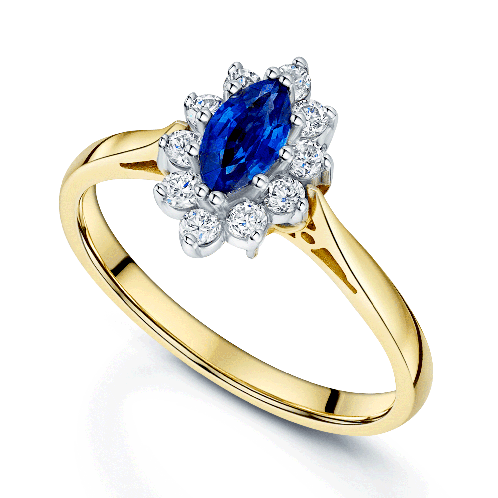 18ct Yellow Gold Marquise Blue Sapphire & Round Brilliant Cut Cluster Ring