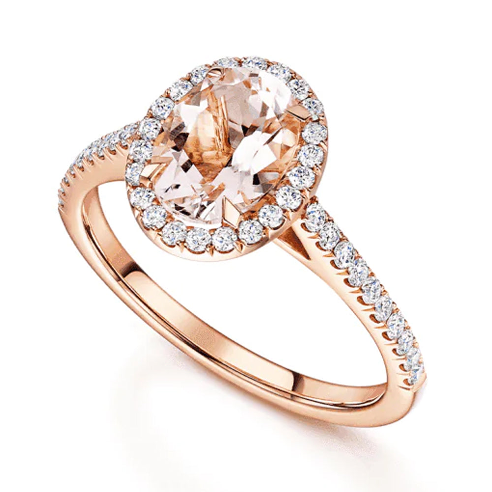 18ct Rose Gold Oval Cut Morganite and Diamond Claw Set Halo Ring with Diamond Shoulders