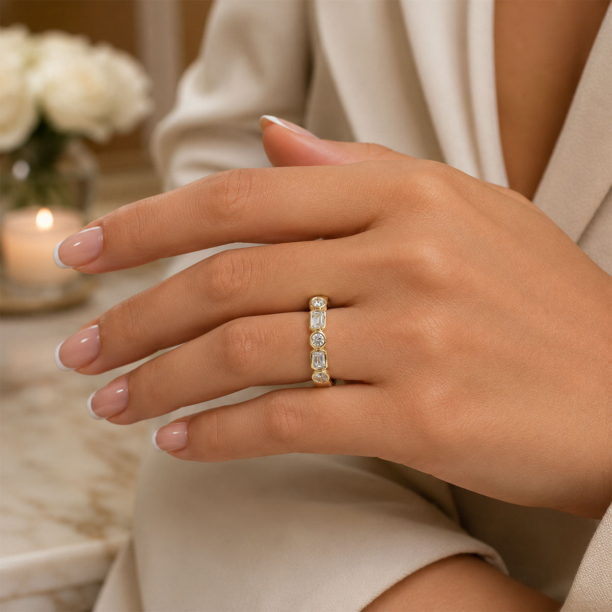 18ct Yellow Gold Round And Emerald Cut Diamond Rub Over Set Eternity Ring