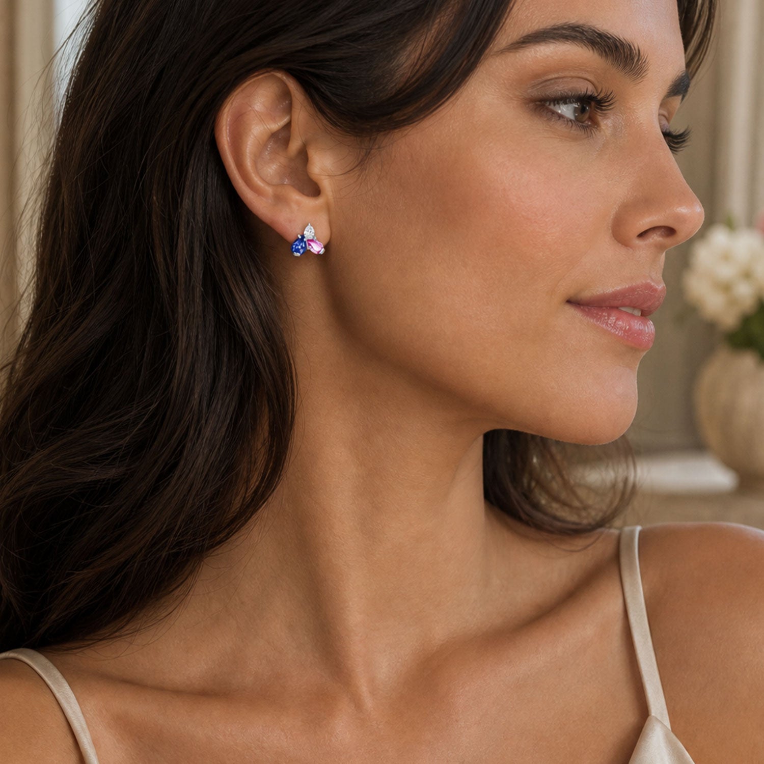 18ct White Gold Pear Cut Diamond, Pink Sapphire And Tanzanite Cluster Earrings
