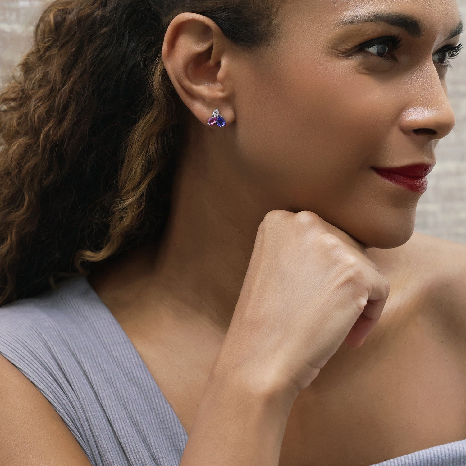 Berry's 18ct White Gold Pear Cut Diamond, Pink Sapphire And Tanzanite Cluster Earrings - Berry's Jewellers