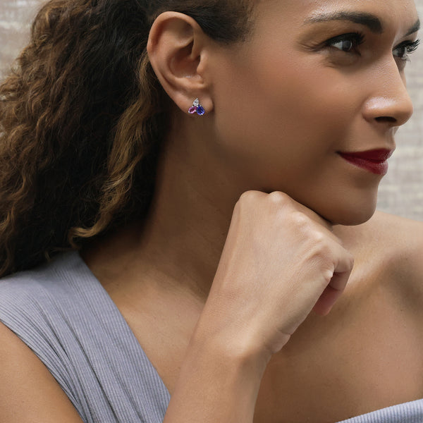 Berry's 18ct White Gold Pear Cut Diamond, Pink Sapphire And Tanzanite Cluster Earrings - Berry's Jewellers