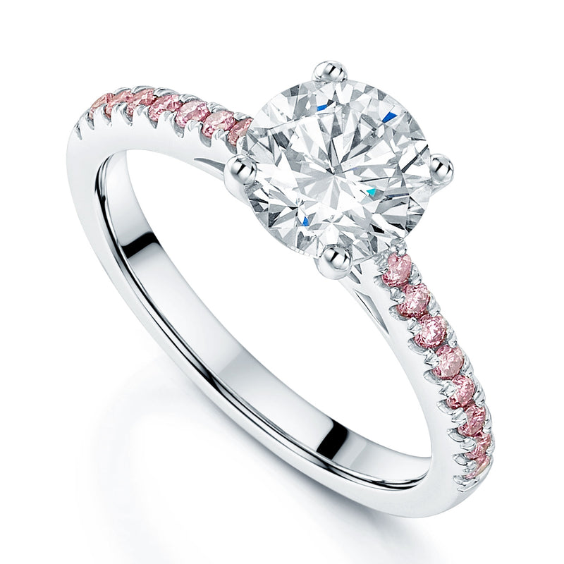 Platinum Round Brilliant Cut Diamond Ring with Argyle Pink Diamond Shoulders