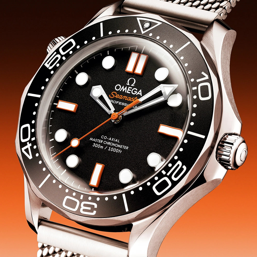 OMEGA Seamaster Diver 300m 42mm Black & Orange Dial Mesh Bracelet Watch - Berry's Jewellers