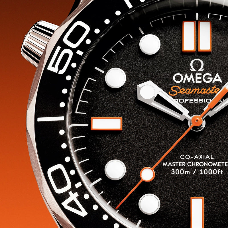 OMEGA Seamaster Diver 300m 42mm Black & Orange Dial Mesh Bracelet Watch - Berry's Jewellers