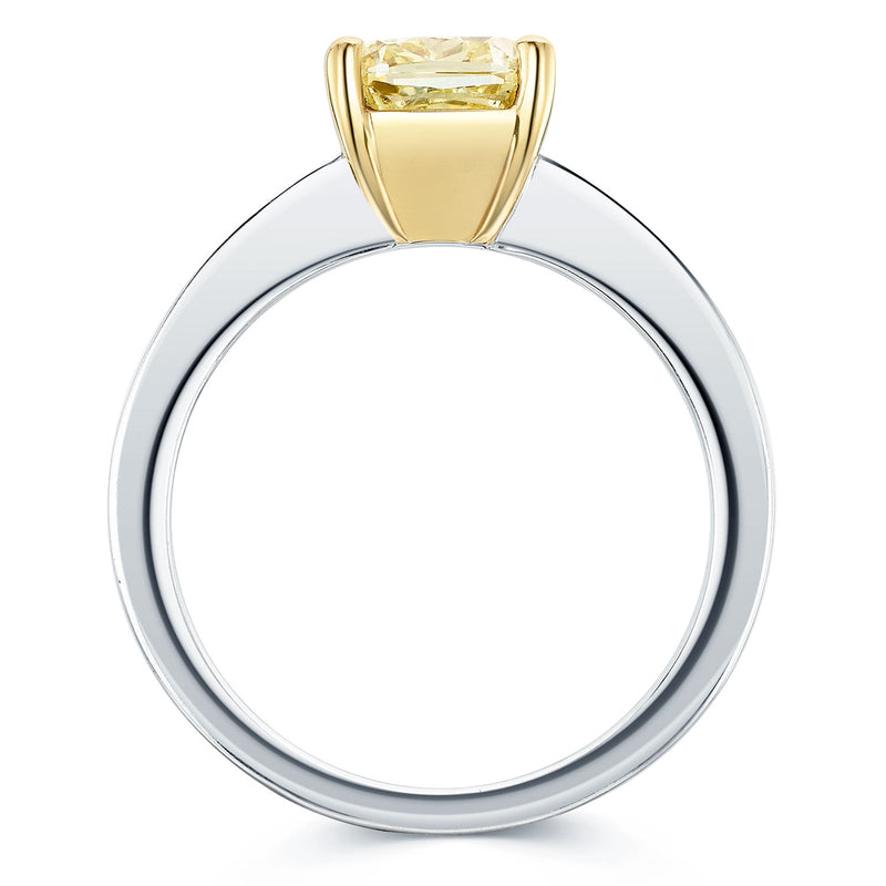 Platinum Cushion Cut Yellow Fancy Diamond Solitaire Ring With Diamond Shoulders