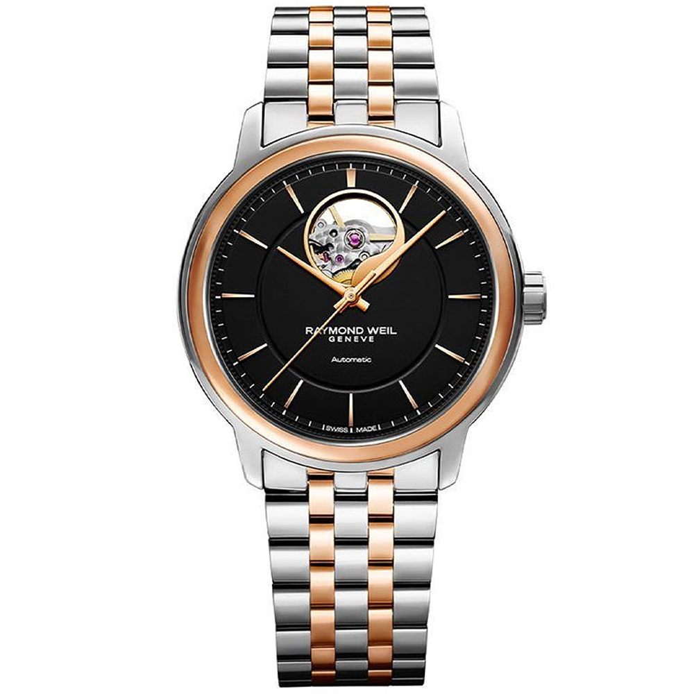 Maestro Steel & Rose Gold Open Black Dial Bracelet Watch