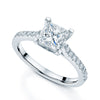 Platinum Princess Cut Diamond Four Claw Ring with Diamond Shoulders